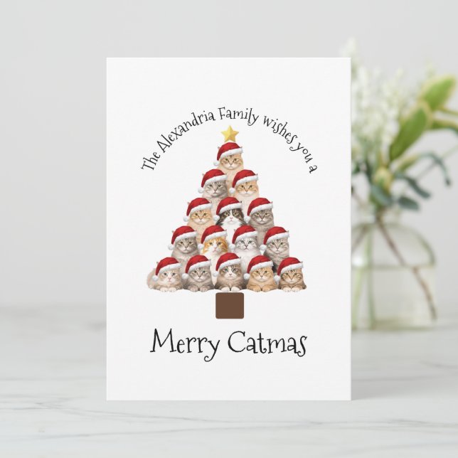 Cartão De Festividades Merry Catmas Personalized Family Christmas Holiday (Em pé/Frente)