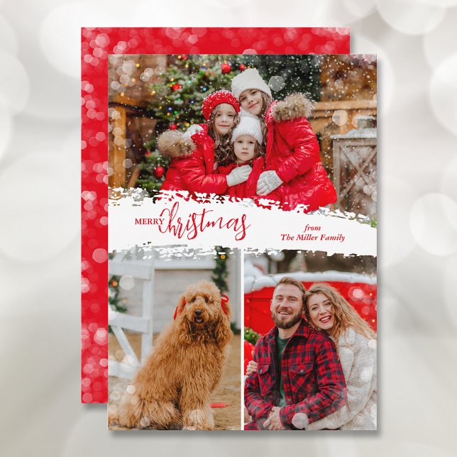 Cartão De Festividades Merry Christmas 3 Photo Collage (Merry Christmas 3 Photo Collage Holiday Greeting Cards)