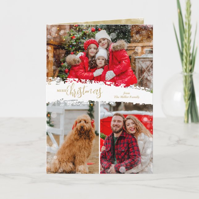 Cartão De Festividades Merry Christmas 3 Photo Collage Folded (Frente)