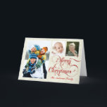 Cartão De Festividades Merry Christmas 3-Photo Greeting Card Red & White<br><div class="desc">Fun and whimsical Merry Christmas greetings with three photo collage frames with elegant retro red swirl script lettering on beautiful ivory white damask background. Add your favorite holiday family photos and customize the text. Contemporary way to send happy winter holiday greetings to all your friends and loved ones with trendy...</div>