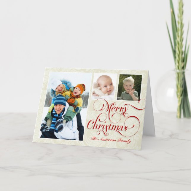 Cartão De Festividades Merry Christmas 3-Photo Greeting Card Red & White (Frente)