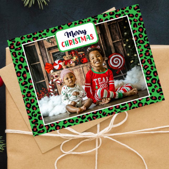 Cartão De Festividades Merry Christmas (add your own photo) Leopard Print (Criador carregado)