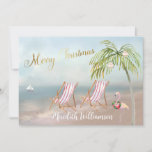 Cartão De Festividades Merry Christmas Beach Flamingo Budget<br><div class="desc">Feliz Natal nesta adorável praia Watercolor — uma cena pacífica e gentil com duas cadeiras de praia — um flamingo amigável com uma bela coroa — Palmeira com alguns ornamentos. Também disponível em diferentes pesos de papel — sua seleção. Qualquer pergunta sobre o design apenas envie um e-mail para charmdesignstudio@rcn.com...</div>