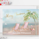 Cartão De Festividades Merry Christmas Beach Flamingo Budget FLAT Holiday<br><div class="desc">Merry Christmas on this lovely Watercolor Beach -- peaceful and gentle scene with two beach chairs -- friendly flamingo with lovely wreath -- Palm tree with a few ornaments.  Also available in different paper weights -- your selection.</div>