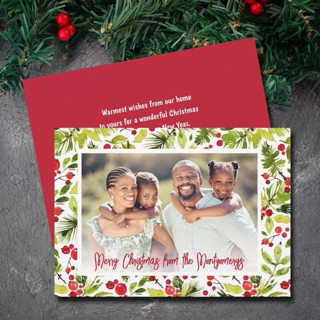 Cartão De Festividades Merry Christmas Berries & Greenery Photo (Red berries and greenery Merry Christmas photo cards, PRINTED and/or INSTANT DOWNLOAD)