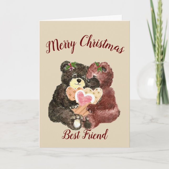 Cartão De Festividades Merry Christmas Best Friend Cute Teddy Bear Hugs (Frente)