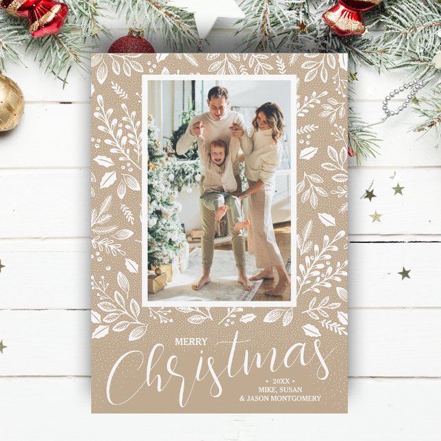 Cartão De Festividades Merry Christmas Botanicals on Taupe Photo (White botanicals on taupe Merry Christmas photo holiday cards, PRINTED and/or INSTANT DOWNLOAD)