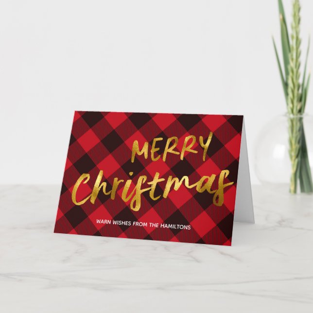 Cartão De Festividades Merry Christmas Buffalo Red Check Plaid & Gold (Frente)