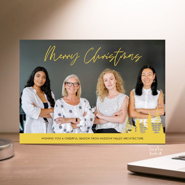 Cartão De Festividades Merry Christmas Business Team Photo Pine Trees (Merry Christmas Business Team Photo Pine Trees Holiday Card in Yellow Gold)