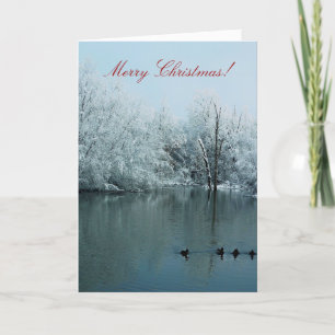 Cartão De Festividades Merry Christmas card with snow, pond, and ducks