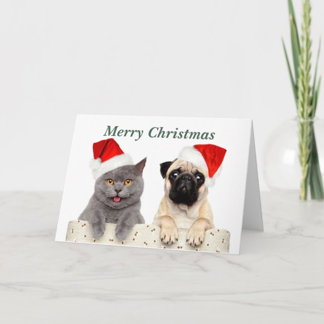 Cartão De Festividades Merry Christmas Cat and Pug dog (Frente)
