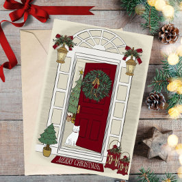 Cartão De Festividades Merry Christmas Cat at the door Greeting Card