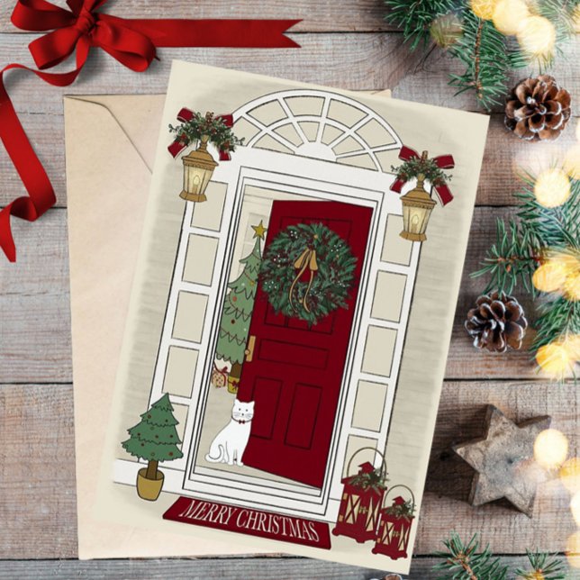Cartão De Festividades Merry Christmas Cat at the door Greeting Card (Criador carregado)