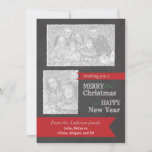 Cartão De Festividades Merry Christmas Chalkboard Photo Christmas card<br><div class="desc">This customizable two photo frames Christmas card features a gray chalkboard background with the wording: Merry Christmas and Happy New Year written in white chalk. A red banner at the bottom of the card features customizable type for you to add your family names. The backside of this card has a...</div>
