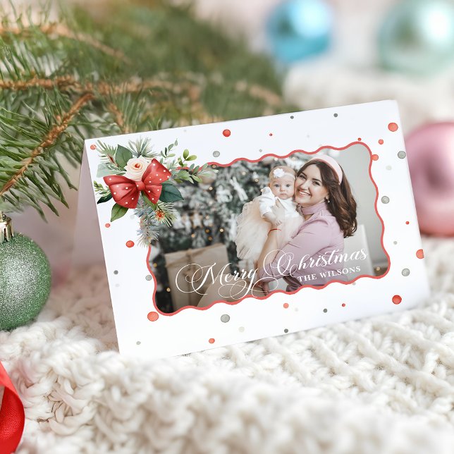 Cartão De Festividades Merry Christmas Coquette Bow, Ribbon Frame 1 Photo (Criador carregado)