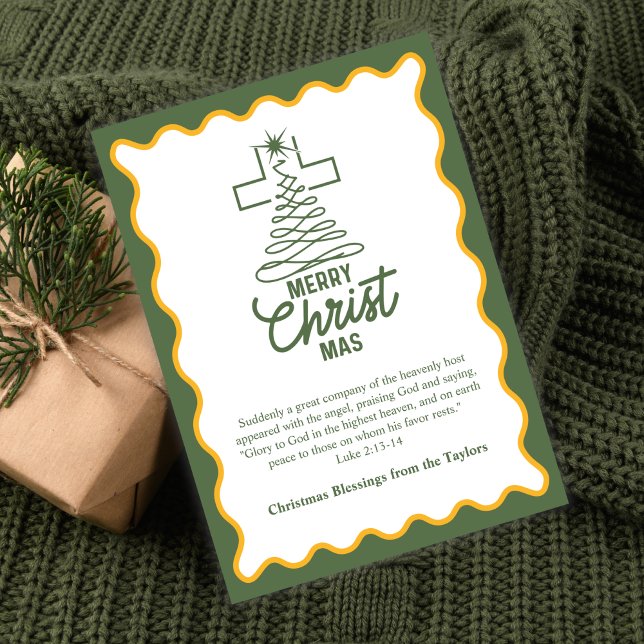 Cartão De Festividades Merry Christmas Cross Tree Blessings (Merry CHRISTmas Cross-Tree Card Green & Gold with Luke 2:13–14)