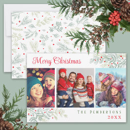 Cartão De Festividades Merry Christmas Custom 3 Photo Evergreen Branches