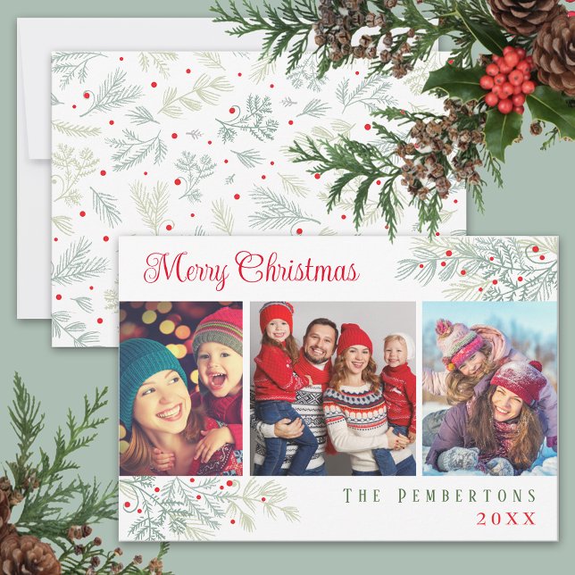 Cartão De Festividades Merry Christmas Custom 3 Photo Evergreen Branches (Criador carregado)
