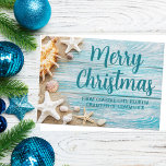 Cartão De Festividades Merry Christmas Cute Beach Company Seashell Person<br><div class="desc">Um cartão de feriado comercial de praia fofo para uma companhia de ilhas tropicais. Personalize esta bonito madeira azul lacrimogênea e a fotografia da concha com o cartão de Natal com o nome da empresa à beira-mar ou outro texto profissional costeiro.</div>