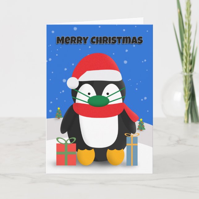Cartão De Festividades Merry Christmas Cute Penguin in Pandemic Face Mask (Frente)