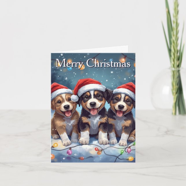 Cartão De Festividades Merry Christmas Cute Puppies Christmas Card (Frente)