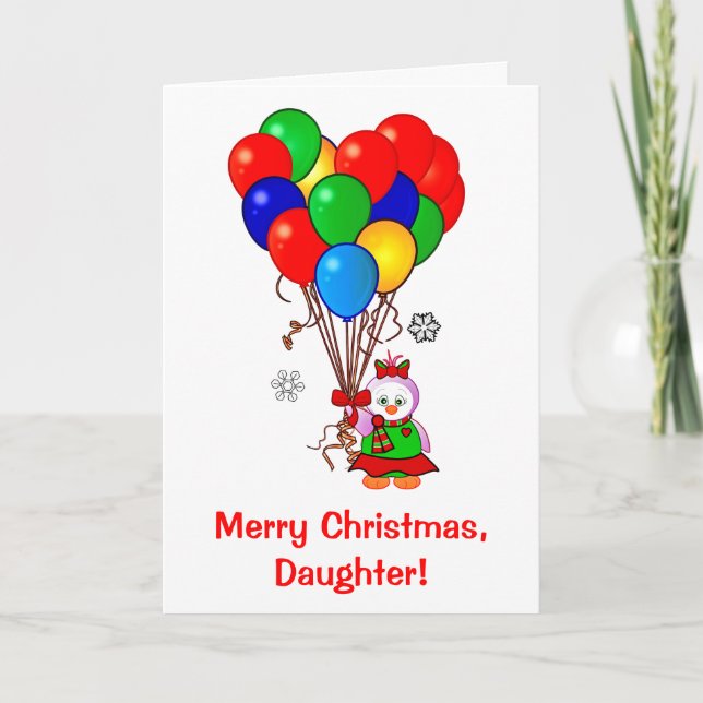Cartão De Festividades Merry Christmas Daughter Penguin with Balloons (Frente)