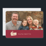 Cartão De Festividades Merry Christmas Deer Photo Holiday Card<br><div class="desc">A burgundy panel with a deer motif and a Merry Christmas sentiment. The card is easy to customize with your wording, font, font color, paper shape options and choice of six paper types. White envelopes included. Nervous about designing and ordering your card online? No need to worry. Just order 1...</div>
