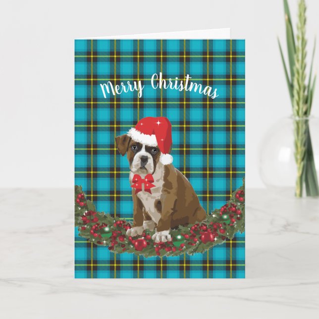 Cartão De Festividades Merry Christmas Dog Puppy Plaid Santa Hat (Frente)