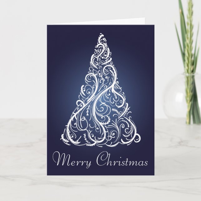 Cartão De Festividades Merry Christmas Elegant Blue Holiday Tree Card (Frente)