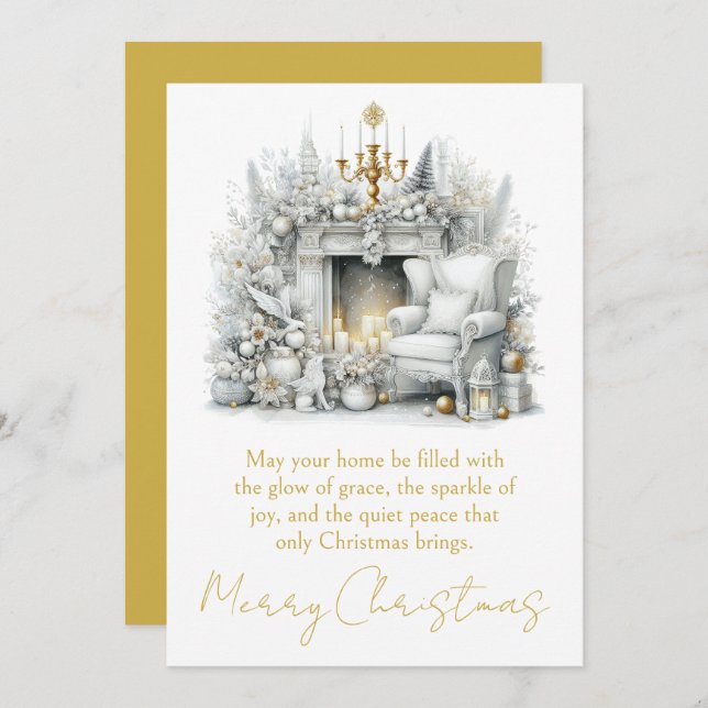 Cartão De Festividades Merry Christmas Elegant Fireplace with Chandelier (Frente/Verso)