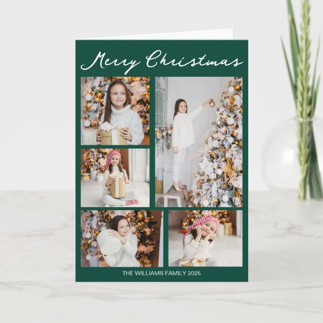 Cartão De Festividades Merry Christmas Emerald Green Photo Collage Folded (Frente)