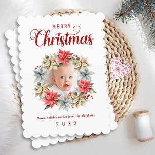 Cartão De Festividades Merry Christmas Farmhouse Poinsettia Wreath Photo