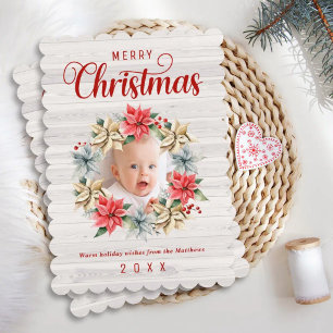 Cartão De Festividades Merry Christmas Farmhouse Poinsettia Wreath Photo