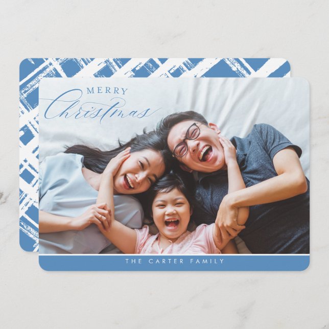 Cartão De Festividades MERRY CHRISTMAS FOTO elegante azul de caligrafia (Frente/Verso)
