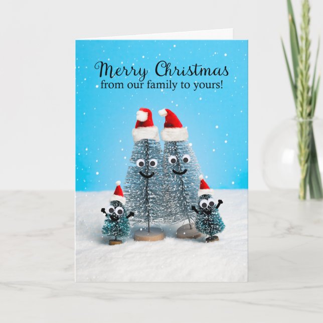 Cartão De Festividades Merry Christmas From Family of Four Trees (Frente)