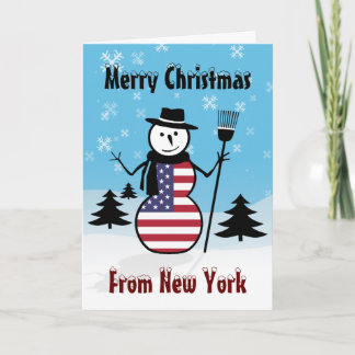 Cartão De Festividades Merry Christmas From New York Snowman US Flag