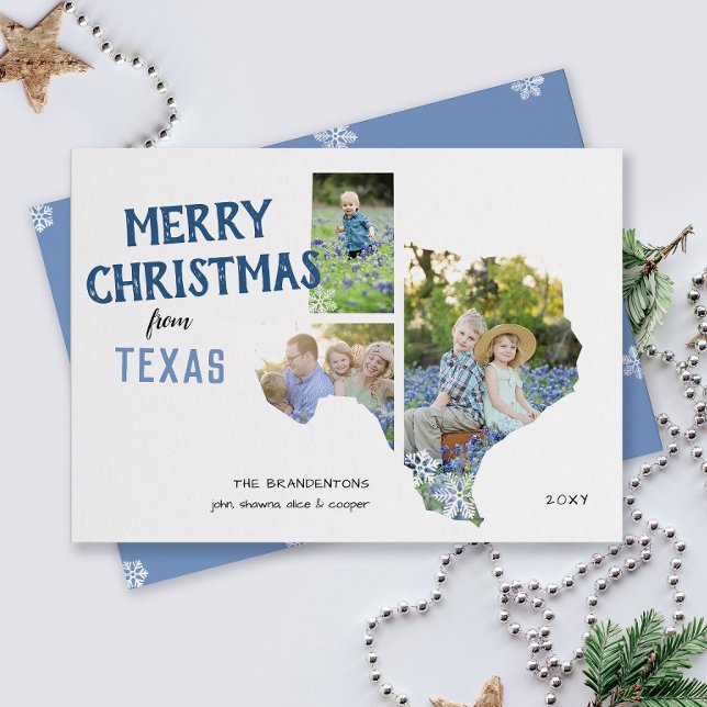 Cartão De Festividades Merry Christmas from Texas Three Photo Card (From the state of Texas with love three photo Christmas holiday card and moving announcement)