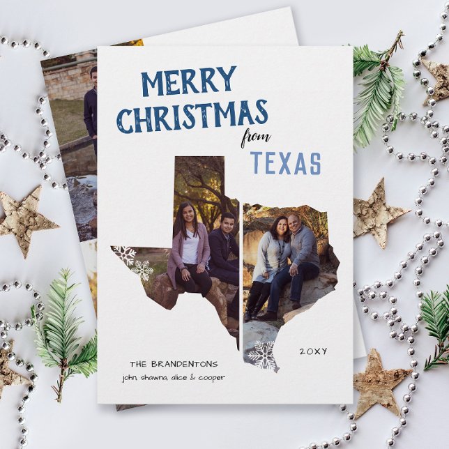 Cartão De Festividades Merry Christmas from Texas We've Moved (From Texas with love four photo Christmas holiday card for families, moving announcement on the back)