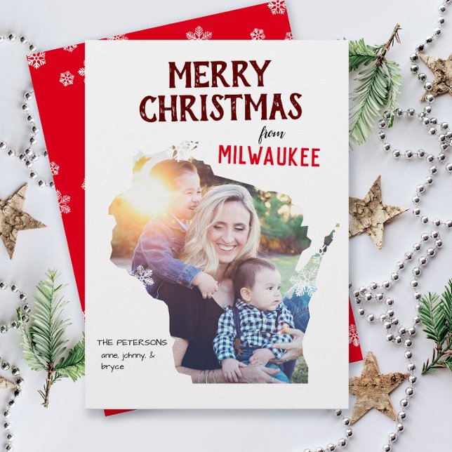 Cartão De Festividades Merry Christmas from Wisconsin Photo Card (From Wisconsin with love one photo Christmas holiday card and moving announcement )