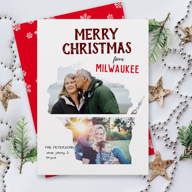 Cartão De Festividades Merry Christmas from Wisconsin Two Photo (From Wisconsin with love two photo Christmas holiday card for families, moving announcement )