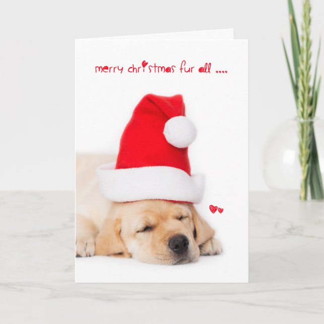 Cartão De Festividades Merry Christmas Fur All Yellow Lab puppy (Frente)
