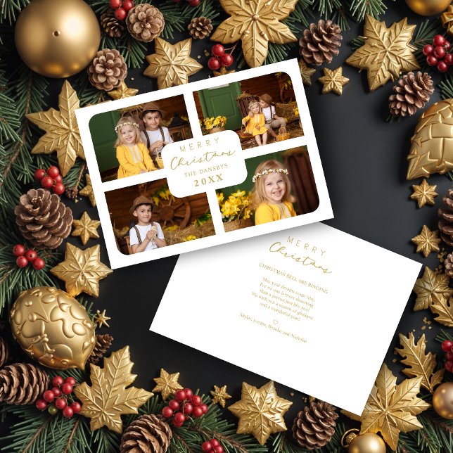 Cartão De Festividades Merry Christmas Golden Minimalist 4 Photos Collage (Cute Merry Christmas Golden Minimalist 4 Photos Collage Holidays Cards with Envelope.)