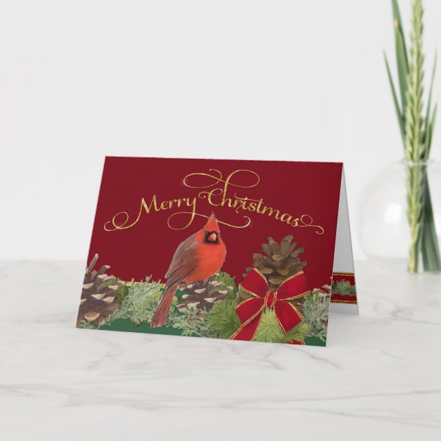 Cartão De Festividades Merry Christmas Greeting Card Cardinal Pine Cones (Frente)