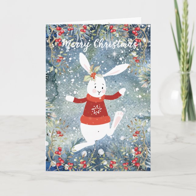 Cartão De Festividades Merry Christmas holiday card snow cute bunny (Frente)