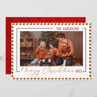 Cartão De Festividades Merry Christmas modern chic 1 family photo red 