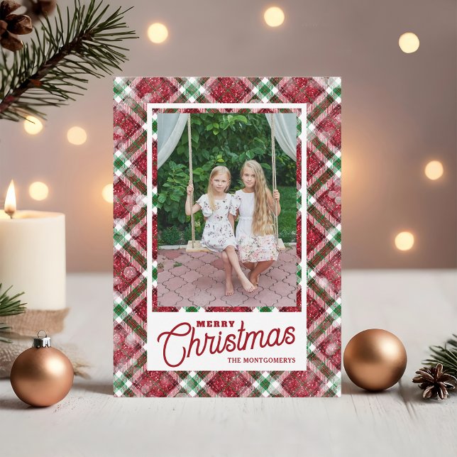 Cartão De Festividades Merry Christmas Modern Plaid Photo (Merry Christmas on plaid flat photo holiday cards,  PRINTED and/or INSTANT DOWNLOAD)