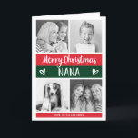 Cartão De Festividades Merry Christmas Nana | Color Block Photo Grid<br><div class="desc">This trendy and stylish Christmas holiday card features four photos of you and your grandmother, with modern color blocks in festive red and green, with white handwritten script typography and cute scribbled hearts. The card says "Merry Christmas Nana, " and there is a spot inside for you to add your...</div>