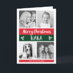 Cartão De Festividades Merry Christmas Nana | Color Block Photo Grid<br><div class="desc">This trendy and stylish Christmas holiday card features four photos of you and your grandmother, with modern color blocks in festive red and green, with white handwritten script typography and cute scribbled hearts. The card says "Merry Christmas Nana, " and there is a spot inside for you to add your...</div>