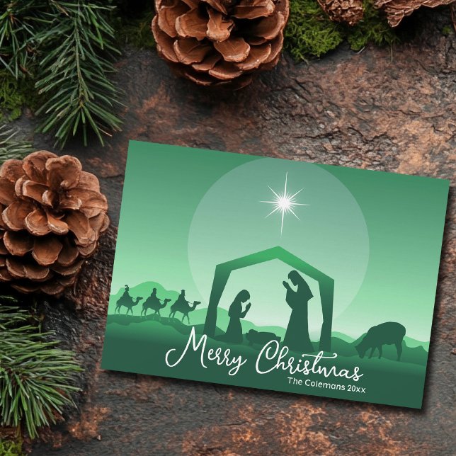 Cartão De Festividades Merry Christmas Nativity Scene Green Religious (Criador carregado)