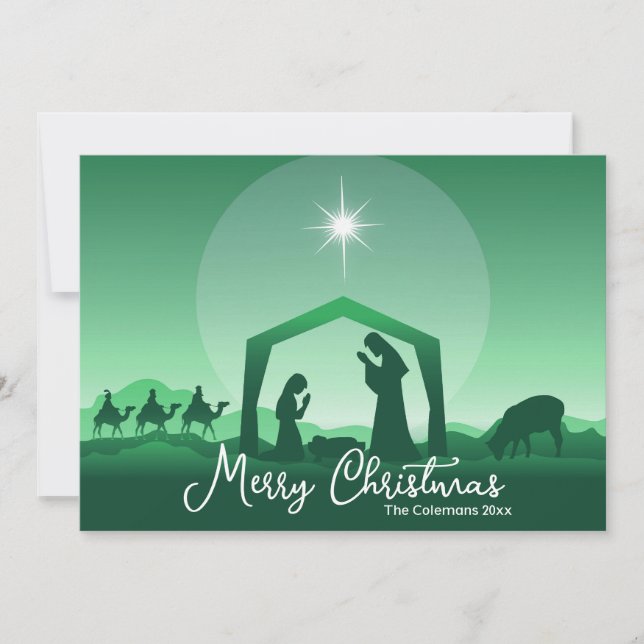 Cartão De Festividades Merry Christmas Nativity Scene Green Religious (Frente)